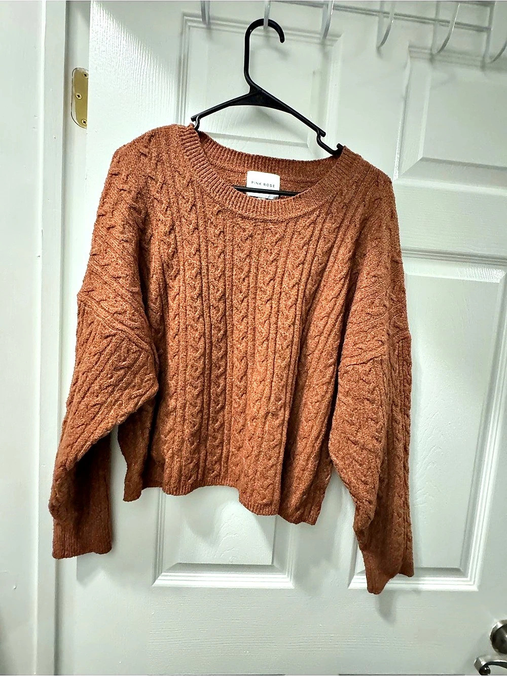 Pink Rose Cable Knit Crewneck Sweater Brown Size Large